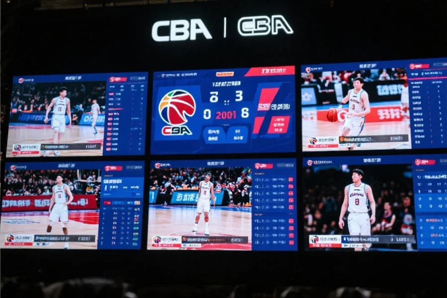 多屏显示CBA篮球不同赛事内容,包括实时比分、精彩集锦和数据统计,界面现代化,易于操作